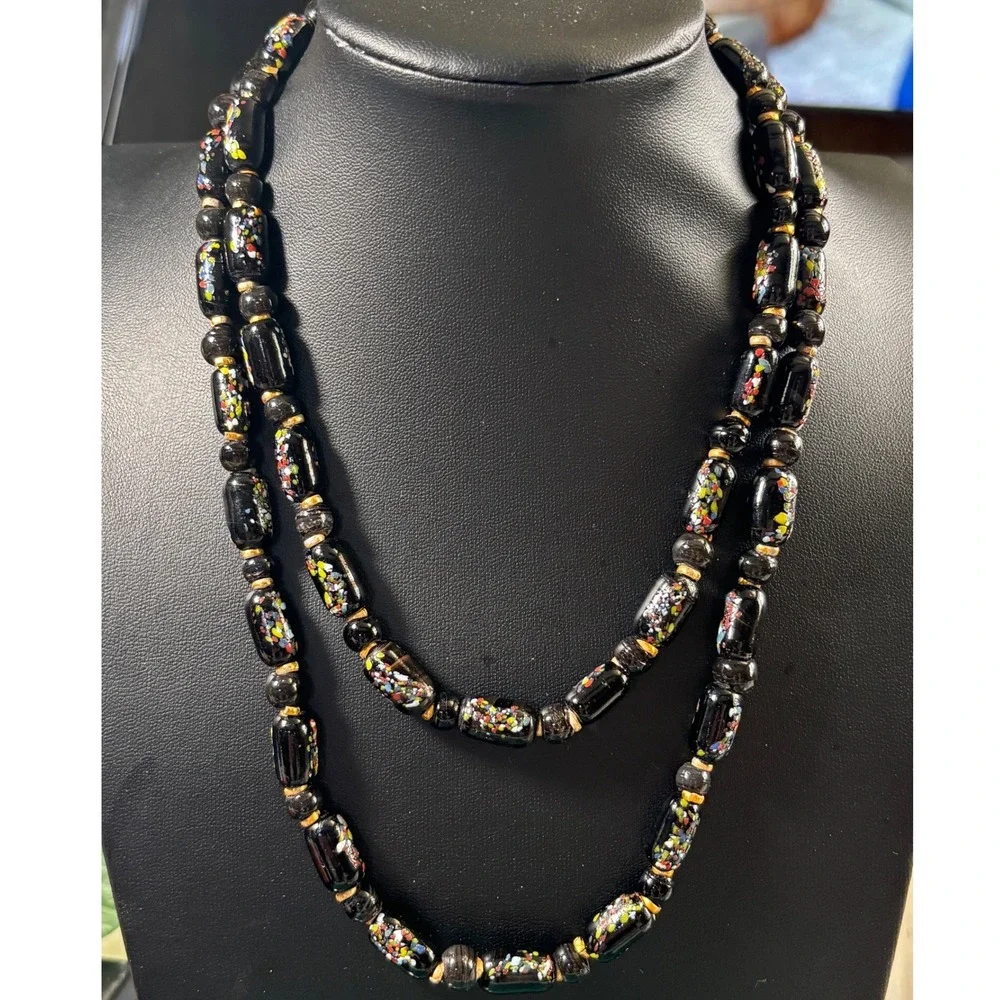 VTG Venetian or‎ Murano Black Glass Confetti Bead Necklace Multicolor